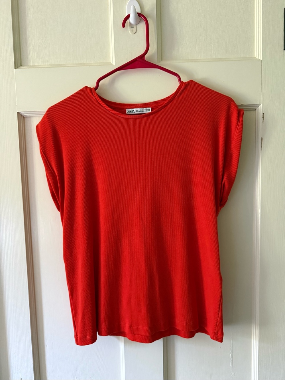 Zara Women's Bright Red Orange Ribbed Short Sleeve Tee